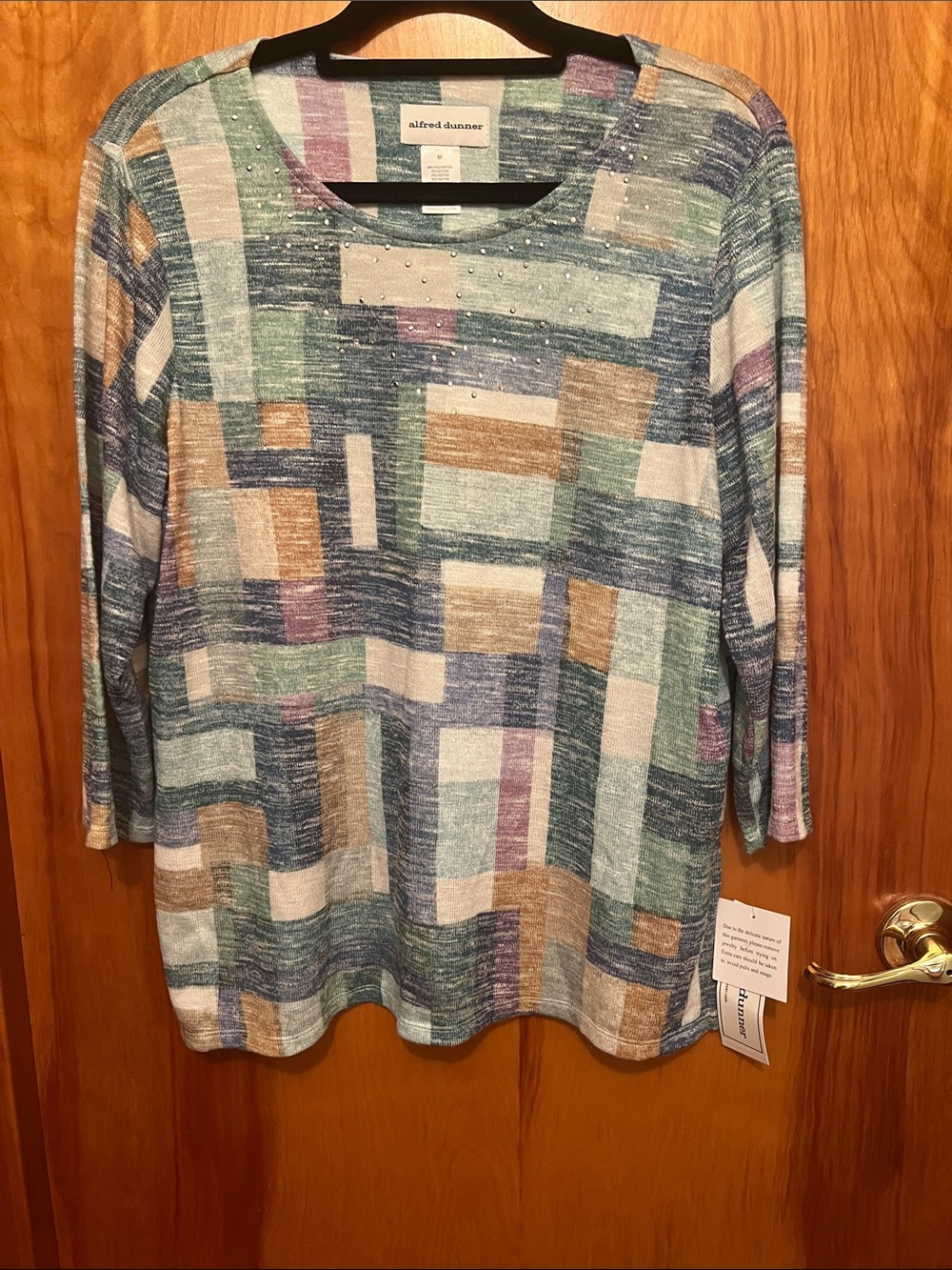 Alfred Dunner Multicolor Geometric Knit Top - Blue/Green/Tan